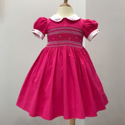 Váy Smock Thêu Tay Họa Tiết Hoa Cho Bé Gái - Đỏ hồng