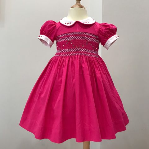 Váy Smock Thêu Tay Họa Tiết Hoa Cho Bé Gái - Đỏ hồng